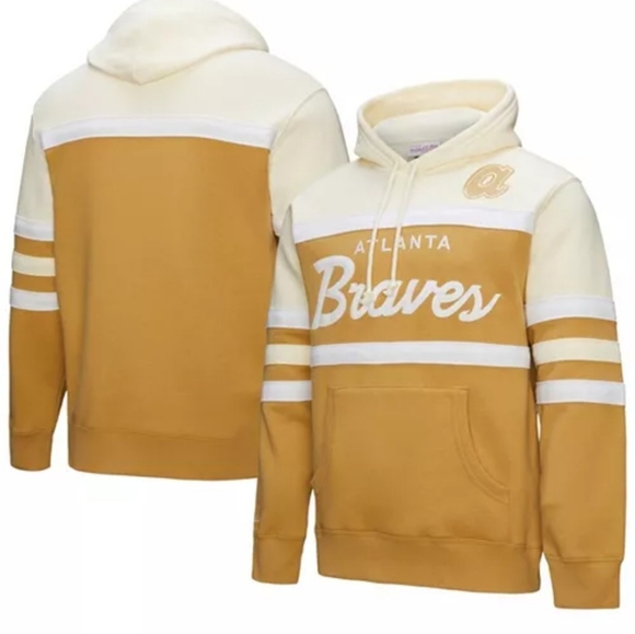 Men's Mitchell & Ness Tan/Cream Atlanta Braves Head Coach Pullover Hoodie - Picture 1 of 5
